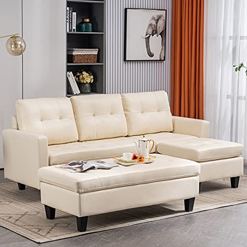 VERYKE L-Shaped PU Sectional Sofa with Ottoman,Simple Nordic Style,Variable Combination,Three-seat Indoor Sleeper Sofa with Solid Wood Legs for Livingroom,Home & Office (White)