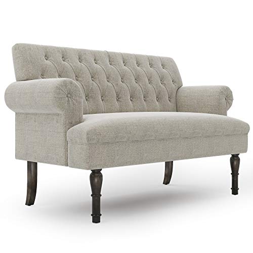 Merax 58” Beige Linen Button Tufted Scrolled Arm Loveseat Sofa Couches, Chesterfield Settee Bench with High Wooden Legs (Pillows not Included)