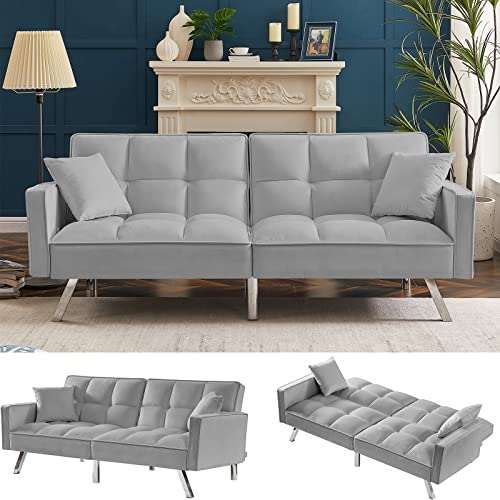 Modern Sofa Bed Futon Couch - Convertible Loveseat Sleeper Reclining with Arms and 2 Pillows for Living Room, Bedroom, Compact Living Space (Gray)