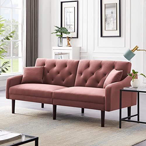 Futon Sofa Bed Sleeper Sofa with 2 Pillows and Armrest, Velvet Convertible Folding Couch Recliner Loveseat for Living Room Bedroom Dorm