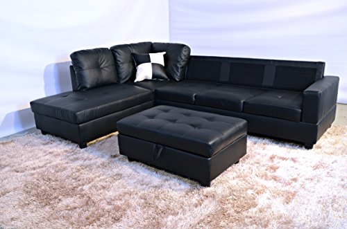 Life Style Furniture Left Facing Russes Sectional Sofa Set With Ottoman, Black
