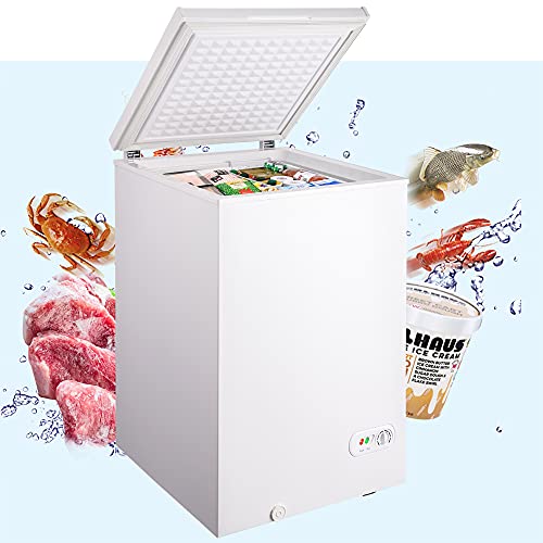 3.5 Cu.ft Chest Freezer with 1 Removable Storage Basket, Top Open Door Freezing Machine with flip-up lid, Mini Outdoor Chest Freezer with 7 Adjustable Temperature, for Home Kitchen Dorm Bar Office