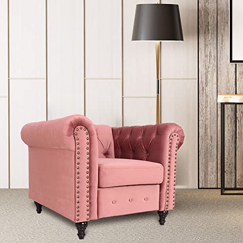 Chesterfield Sofa with Nail-Head for Living Room Office Sofa Set Modern Fabric Sofa Accent Tufted Chairs for Living Room (Smoky Rose Velvet, Chair)