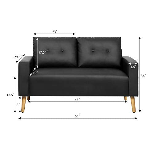 Pawnova Sleeper Button 2 Seater, Black Upholstered Mid Century PU Leather Loveseat Living Room, Modern Design Sofa with Tufted Back and Straight Armrests