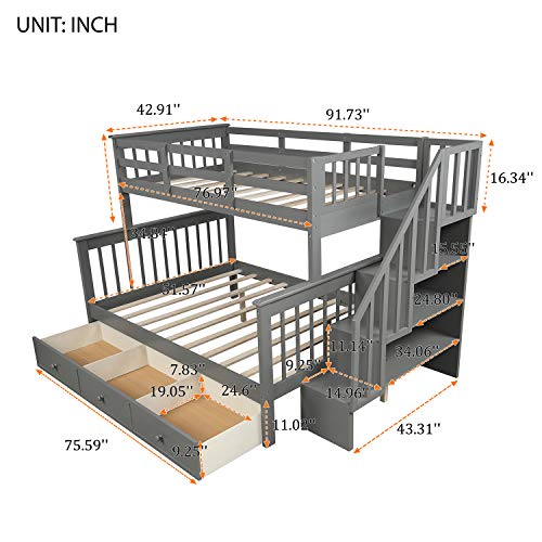 Harper & Bright Designs Twin Over Full Bunk Bed with Drawers, Bunk Bed Frame for Kids/Teens, Solid Wood Bunk Bed with Storage Staircases, Convertible Bunk Bed (Twin Over Full with Drawers, Grey)