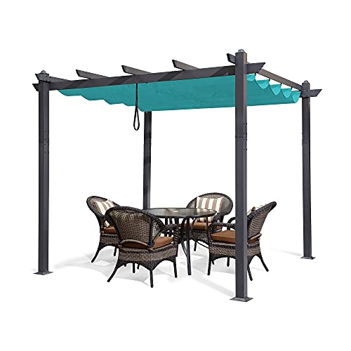 PURPLE LEAF 10' X 10' Outdoor Retractable Pergola with Sun Shade Canopy Patio Metal Shelter for Garden Porch Beach Pavilion Grill Gazebo Modern Yard Grape Trellis Pergola, Turquoise Blue