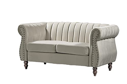 US Pride Furniture Chesterfield Rolled Arm Modern Style Fabric Cream Velvet Soft Living Room Loveseat with Removable Back Cushions & Solid Wood Support (S5644-5649) Sofas