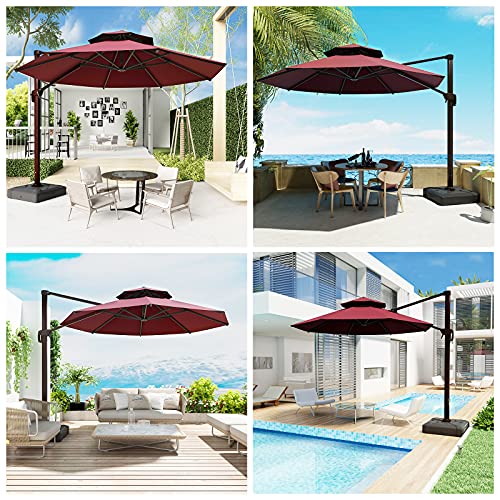 FUNWARRIOR 10ft Patio Umbrella Outdoor Umbrella Large Cantilever Umbrella Windproof Offset Umbrella Heavy Duty Sun Umbrella for Garden Deck Pool Patio with Double Top Round Deluxe, Wine Red(Without Base)）