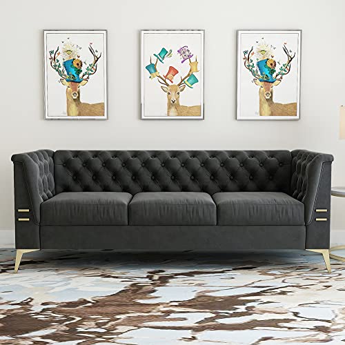 WILLIAMSPACE Chesterfield Sofa 3 Seater Black Couches Upholstered Tufted Velvet Sectional Sofa for Living Room/Office/Apartment