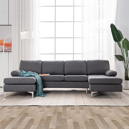 MELLCOM Modern Soft Linen Fabric U-Shape Sectional Sofa Couch, Double Wide Chaise Lounge Couch with Modern Metal Feet for Apartment Living Room, Gray
