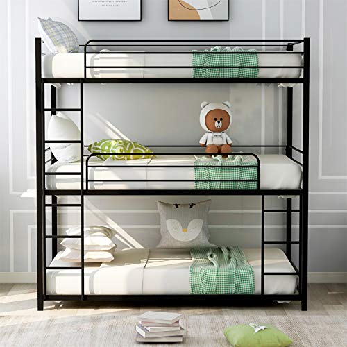 Metal Triple Bunk Beds ,Bunk Beds Twin Over Twin Over Twin,Triple Bed for 3 ,Heavy Duty 3 Beds Bunk Bed with Guard Rails and Ladder for Kids Teens Adults ,Black