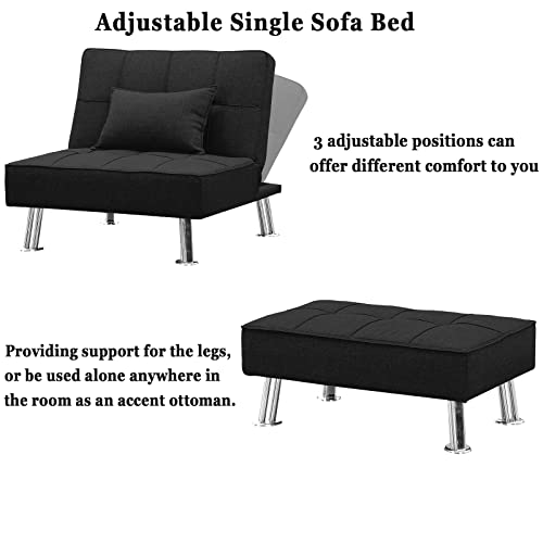 3 Pieces Convertible Sectional Sofa Couch, L-Shaped Sectional Sofa Bed with Two Cup Holders and Ottoman, Tufted Fabric Sofa with Removable Armrest, Modern Living Room Sofa Furniture Set (Black)