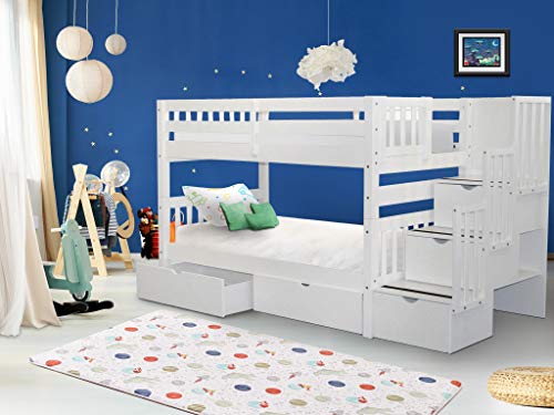 Bedz King Stairway Bunk Beds Twin over Twin with 3 Drawers in the Steps and 2 Under Bed Drawers - White