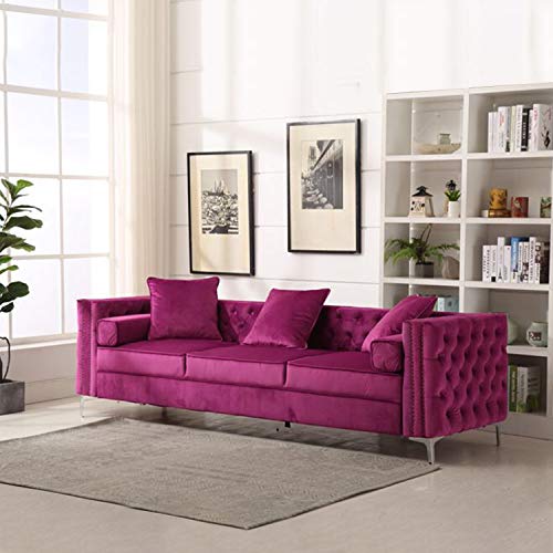 Purple Dutch Velvet 3 Seat Sofa with 3 Cushions and 2 Rectangular Pillows Luxury Sectional Sofas Couch Sleeper Daybed Metal Legs Chaise Furniture for Living Room