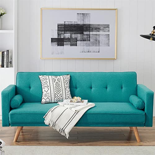 Convertible Futon Sofa Bed with Removable Arm, Modern Upholstered Sleeper Sofa Couch with Adjustable Backrests, Loveseat Recliner for Living Room Apartment, Blue