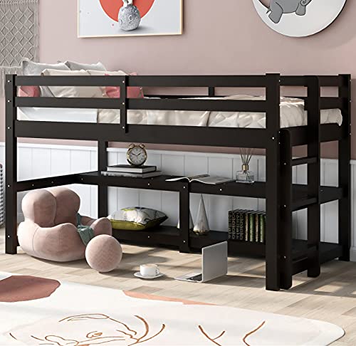 Low Loft Beds, Twin Loft Bed with Shelves and Storage ,Wood Loft Bed Frame for Kids Girls Boys Teens, Espresso
