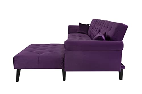 DEHO Convertible Button Velvet Tufted Sectional Sofa Sleeper Bed L Shape Couch with Reversible Chaise and 2 Pillows for Living Room Apartment, Purple