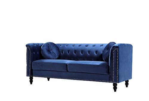 US Pride Furniture Modern Style High Density Foam 75.98'' Wide Dark Blue Velvet Rolled Arm Chesterfield Living Room Removable Cushion & Solid Wood Legs (S5608-5613) Sofas