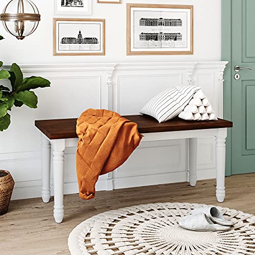 Harper & Bright Designs 3-Piece Retro Farmhouse Dining Set, Wood Kitchen Dining Table Set with 2 Benches, Cherry+White