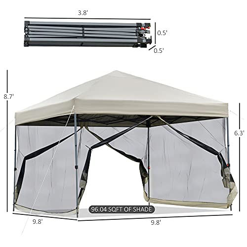 Outsunny 10' x 10' Pop Up Canopy Party Tent with Center Lift Hook Design, 3-Level Adjustable Height, Easy Move Roller Bag, Beige