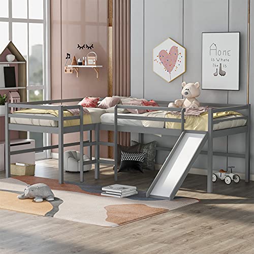 L-Shaped Loft Bed with Slide, Wood Loft Beds for 2 Kids, Twin Size Loft Bed Frame with Built-in Ladders for Girls & Boys (Gray)
