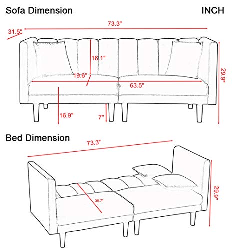 Velvet Futon Sofa Bed with Two Pillows, Modern Sleeper Sofa Couch with 3 Adjustable Angles, Convertible Small Loveseat for Living Room, Green
