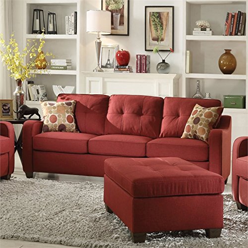 BOWERY HILL Contemporary Fabric Sofa with 2 Accent Pillows in Red