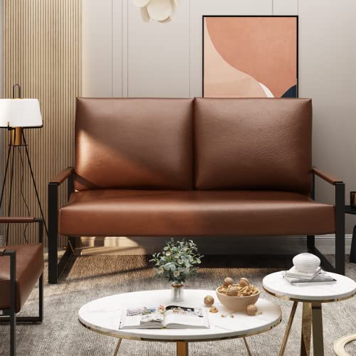 AWQM Mid-Century Loveseat and Accent Chair Set, Upholstered Modern Solid Faux Leather Armchair and Loveseat Sofa, 105 Degree Slant Back, Living Room Chair with Thick Padded Seat and Backrest- Brown