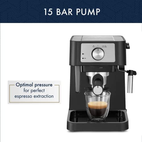 Stilosa Manual Espresso Machine, Latte & Cappuccino Maker, 15 Bar Pump Pressure + Manual Milk Frother Steam Wand, Black/Stainless