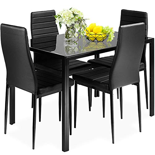 Giantex 5 Piece Kitchen Dining Table Set with Glass Table Top Leather Padded 4 Chairs and Metal Frame Table for Breakfast Dining Room Kitchen Dinette, Black
