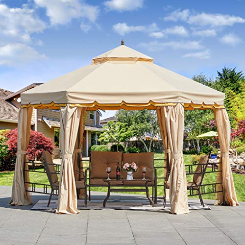 Erommy 12FT Outdoor Canopy Gazebo Hexagonal Double Roof Patio Gazebo Steel Frame Pavilion with Netting and Shade Curtains for Garden,Patio,Party Canopy, Beige