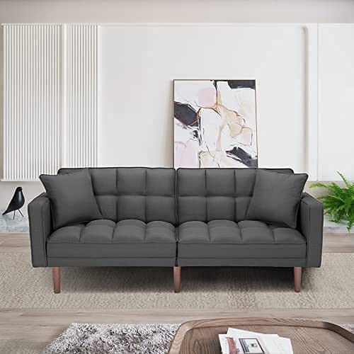 QSSLLC Futon Sofa Bed Convertible Loveseat, Sleeper Sofa with 2 Pillows and Solid Wood Legs, 76 inchL Sofa Couch for Compact Living Space, Apartment, Dorm - Dark Gray