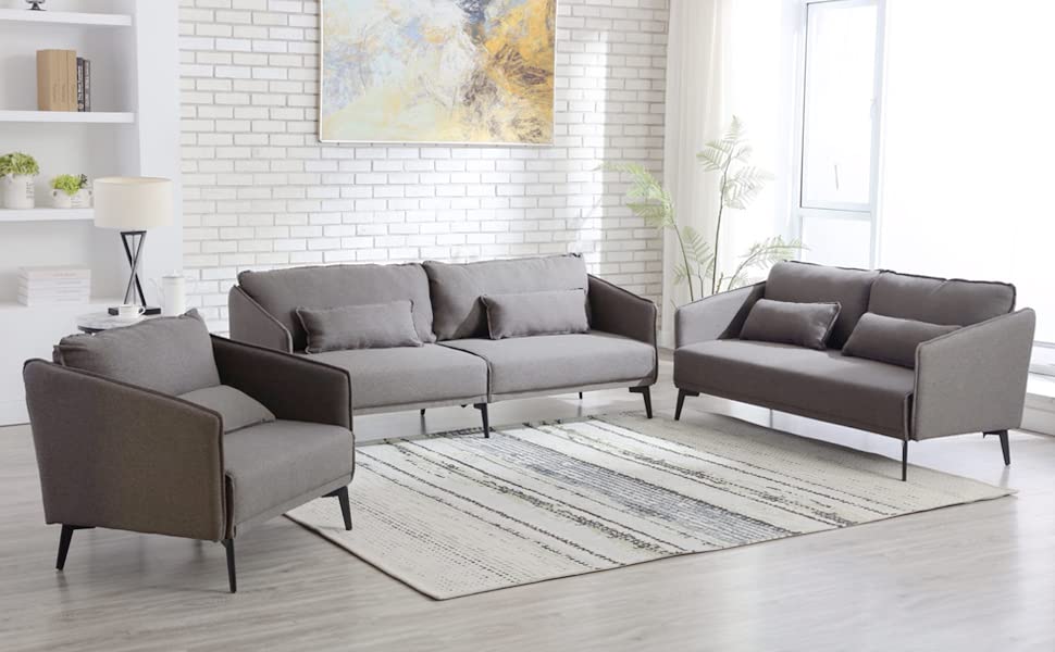 Modern Convertible Sectional Sofa Couch, 3 PCS Upholstered Grey Couch Set with Five Pillows, Fabric Soft Sectional Couches for Living Room, 3+2+1 Seater, Metal Leg, Loading Weight 1322 lbs