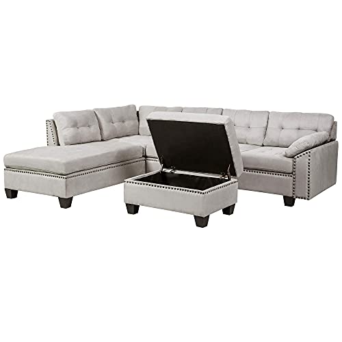 L-Shaped Sectional Sofa Set with Chaise Lounge and Storage Ottoman Living Room Furniture Set Sofa Couch with Nail Head Detail for Home (Light Grey)