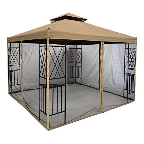 Suna Outdoor 10x10 Ft Outdoor Gazebo Steel Frame Two-Tiered Top Canopy, X Shape Decor Gazebo with Adjustable Netting for Garden Backyard, Tan