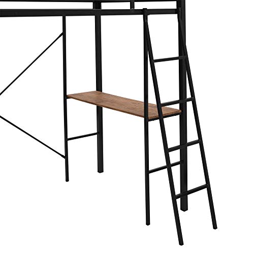 Twin Metal Loft Bed with Desk and Shelves, Metal Loft Bed Frame with Guardrails and Ladder for Kids Teens Adults (Black)