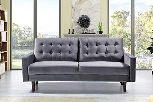 Container Furniture Direct Celestina Mid Century Modern Velvet Upholstered Living Room Sofa Set, 2 Piece, Grey