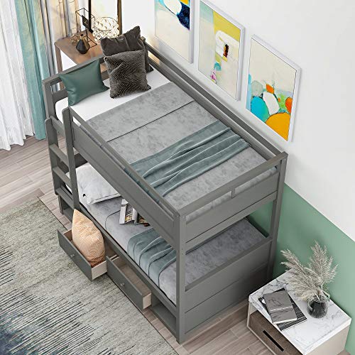 Twin Over Twin Bunk Bed, Bunk Bed Frame with Storage Drawers, Wooden Twin bunk Bed with Safety Rail Ladder, Grey
