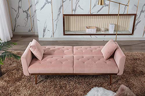 Mid Century Modern Velvet Fabric Couch Convertible Futon Sofa Bed Recliner Couch Accent Sofa Loveseat Sofa with Gold Metal Feet (59 Pink)