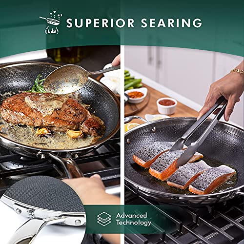 HexClad 7-Piece Hybrid Stainless Steel Cookware Set with Lids and Wok - Metal Utensil and Dishwasher Safe, Induction Ready, PFOA-Free, Easy to Clean Non Stick Fry Pan with Covers