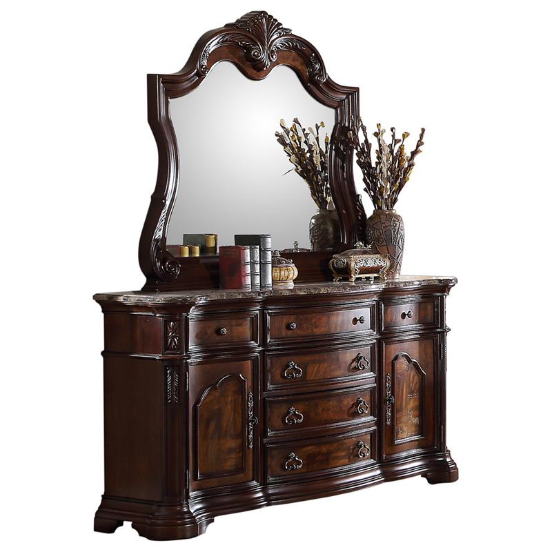 2-Piece Wood Dresser and Mirror Set in Walnut w/Marble Top