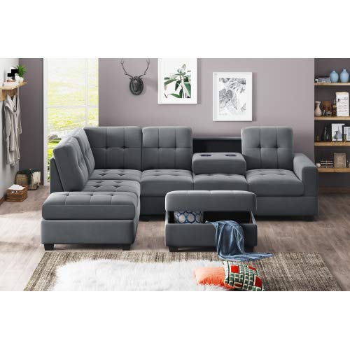 STARTOGOO Sectional Sofas, 3 Piece L-Shape Couch with Reversible Chaise Lounge Storage Ottoman and Cup Holders for Living Room Microfiber, Gray