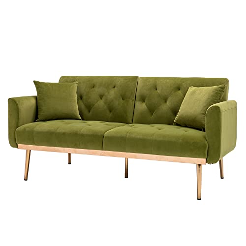 Futon Velvet Accent Loveseat Sofa Bed, Convertible Sleeper Sofa with Pillows, Leisure Couch with Gold Metal feet for Small Space, Living Room, Office (Olive)