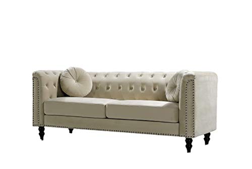 US Pride Furniture Modern Style High Density Foam 75.98'' Wide Cream Velvet Rolled Arm Chesterfield Living Room Removable Cushion & Solid Wood Legs (S5608-5613) Sofas