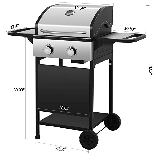 LHRIVER Portable Grills Outdoor Cooking - Storage Shelvf 2 Burners Propane Gas Grills, Low/Medium/High Adjustable Flame BBQ Grill for Camping,Garden, Black