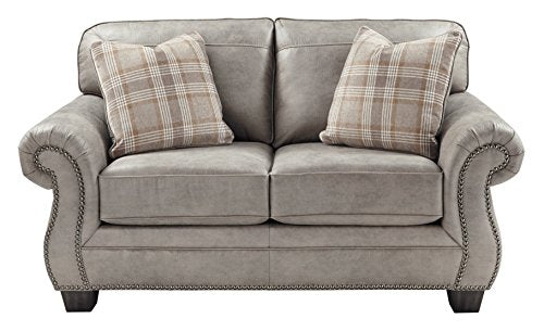 Signature Design by Ashley Olsberg Faux Leather Upholstered Loveseat with Nailhead Trim and 2 Accent Pillows, Gray