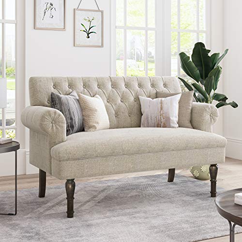 Merax 58” Beige Linen Button Tufted Scrolled Arm Loveseat Sofa Couches, Chesterfield Settee Bench with High Wooden Legs (Pillows not Included)