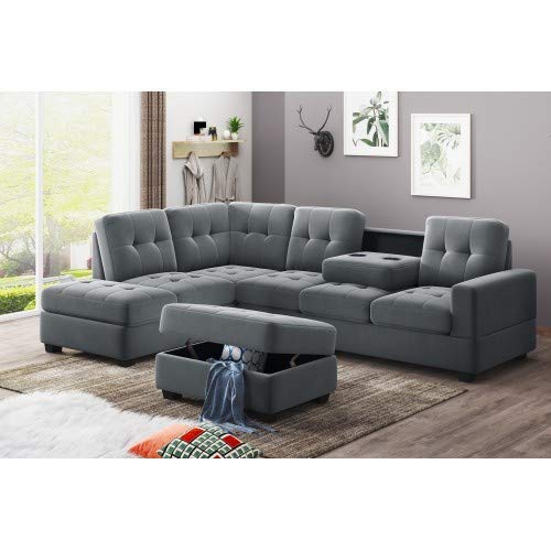 STARTOGOO Sectional Sofas, 3 Piece L-Shape Couch with Reversible Chaise Lounge Storage Ottoman and Cup Holders for Living Room Microfiber, Gray