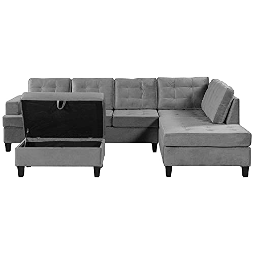 Cotoala 3 Piece Microfiber Living Room Furniture Sets, Upholstery Sectional Sofa with Storage Ottoman, L-Shaped Couch with Thick Cushions Chaise Lounge, Gray