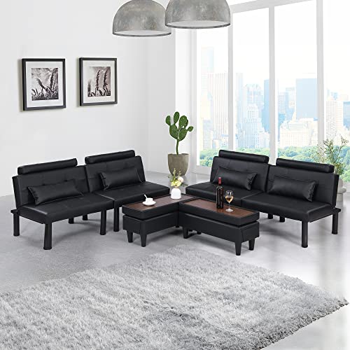 VUYUYU Futon Sofa Bed, Multifunctional Couches for Living Room, Small Convertible Futon Sofa with Ottoman/Coffee Table, Folding Recliner Sleeper, Linen Sectional Couch Set for Compact Space